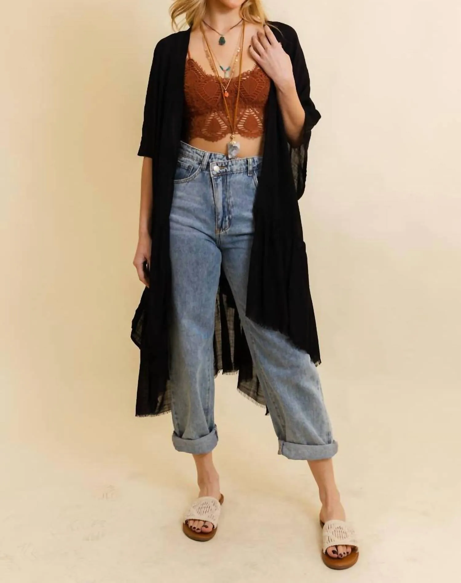 Ruffle Edge Bohemian Lightweight Flowing Kimono Wrap Cover Up In Black