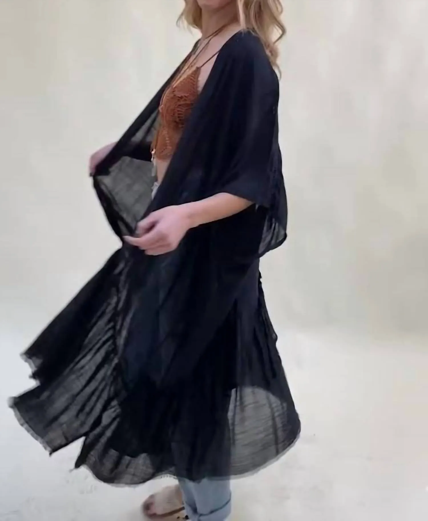 Ruffle Edge Bohemian Lightweight Flowing Kimono Wrap Cover Up In Black