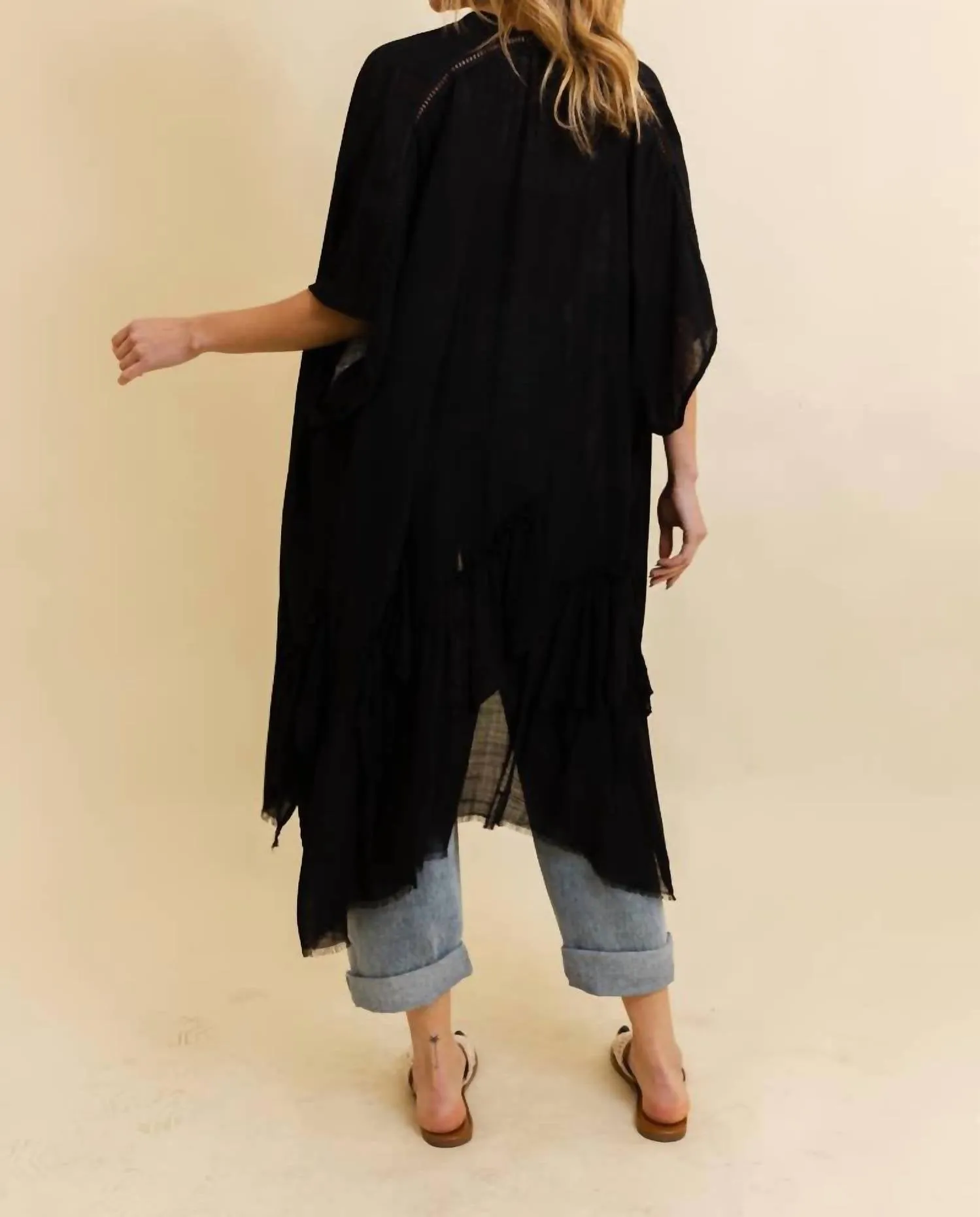 Ruffle Edge Bohemian Lightweight Flowing Kimono Wrap Cover Up In Black