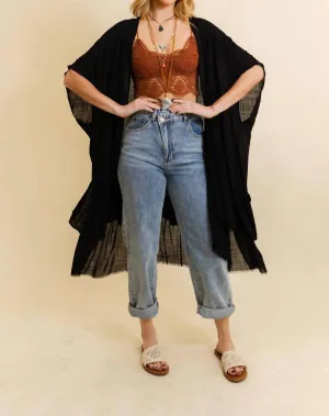 Ruffle Edge Bohemian Lightweight Flowing Kimono Wrap Cover Up In Black