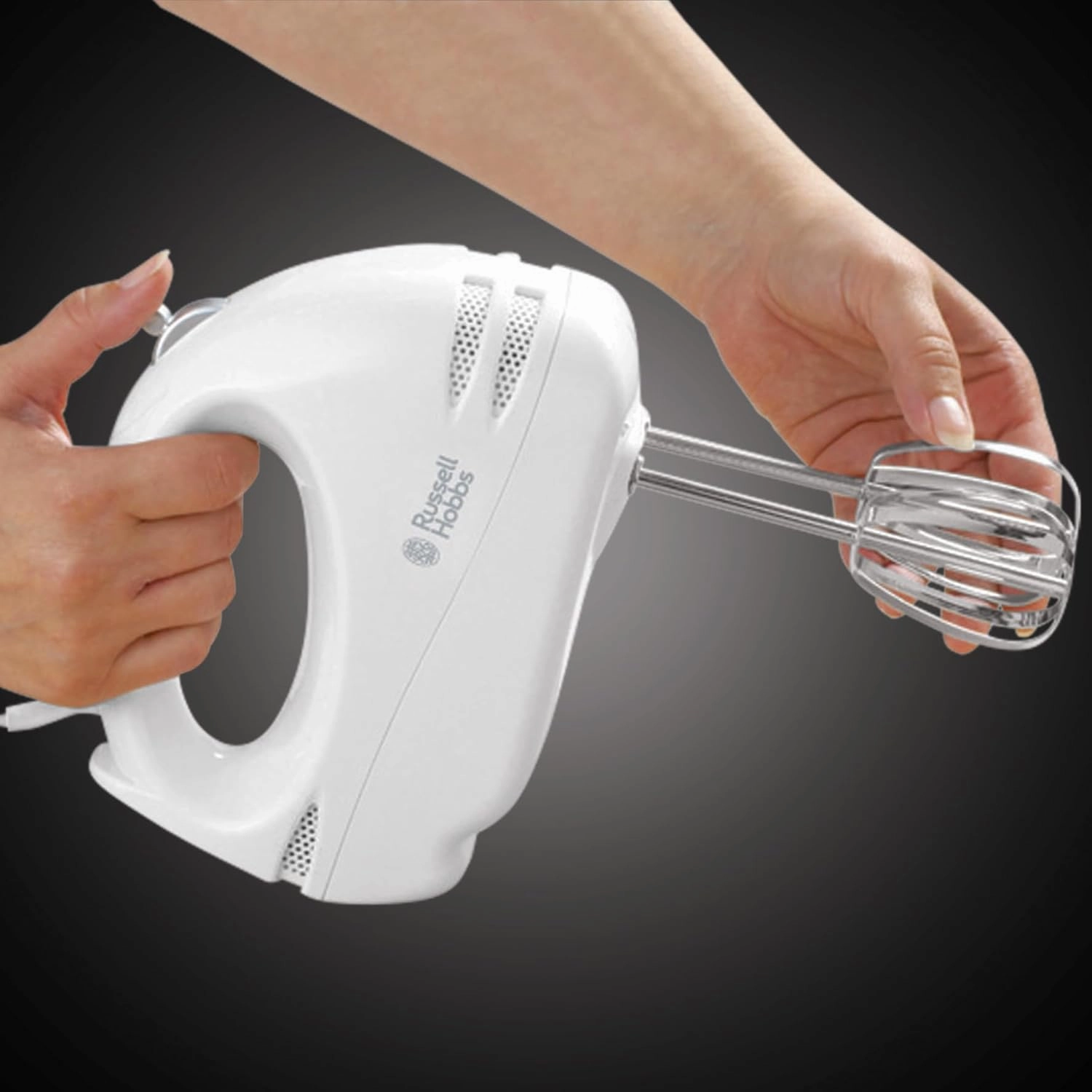 Russell Hobbs 14451 Food Collection Hand Mixer  125W, 6 Speeds, Easy Release Button, Chrome Beaters, Cord Storage  White