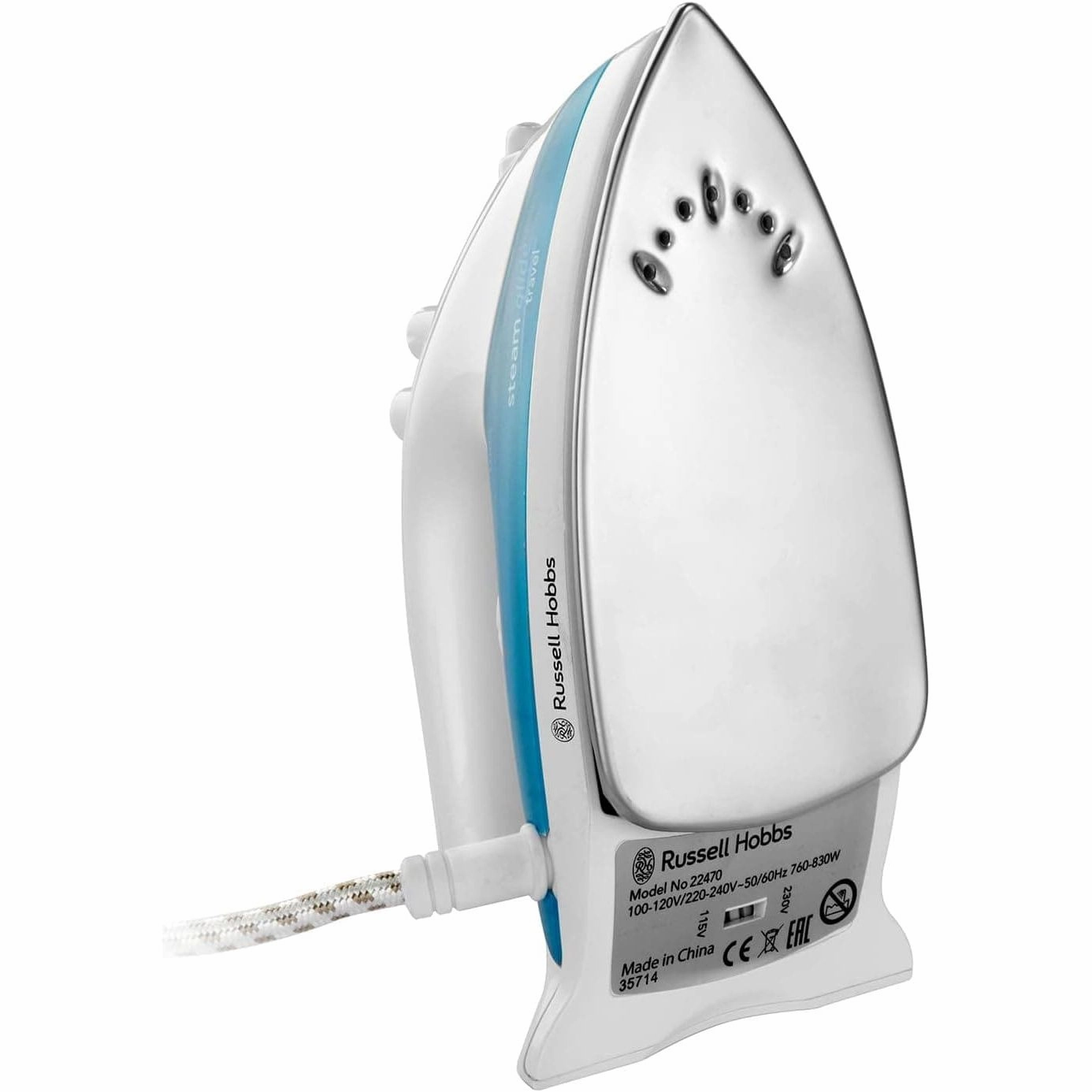 Russell Hobbs Dual Voltage Steam Glide Travel Iron, 80ml Water Tank, Stainless Steel Soleplate, Water Spray, Variable Temp & Steam - White