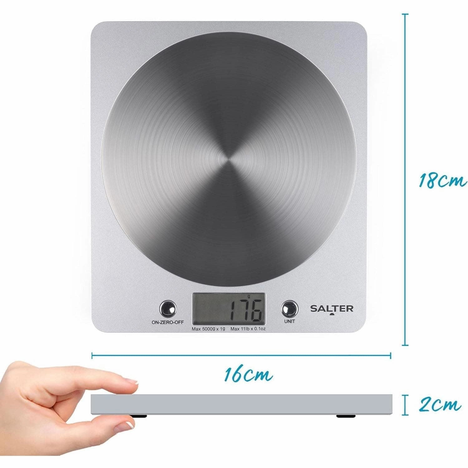 Salter 1036 SVSSDR Digital Kitchen Scale - 5kg Capacity, Aquatronic Liquid Measurement, Add & Weigh Function, Easy-Read LCD, Battery Included