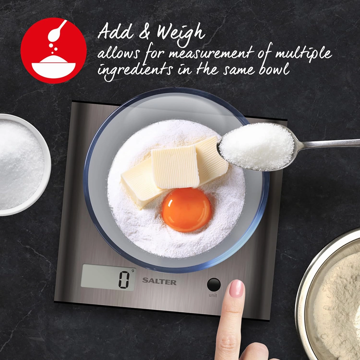 Salter 1087 SSDR Arc Digital Kitchen Scale  3kg Capacity, Slim Stainless Steel Design, Add & Weigh (Tare) Function  Battery Included