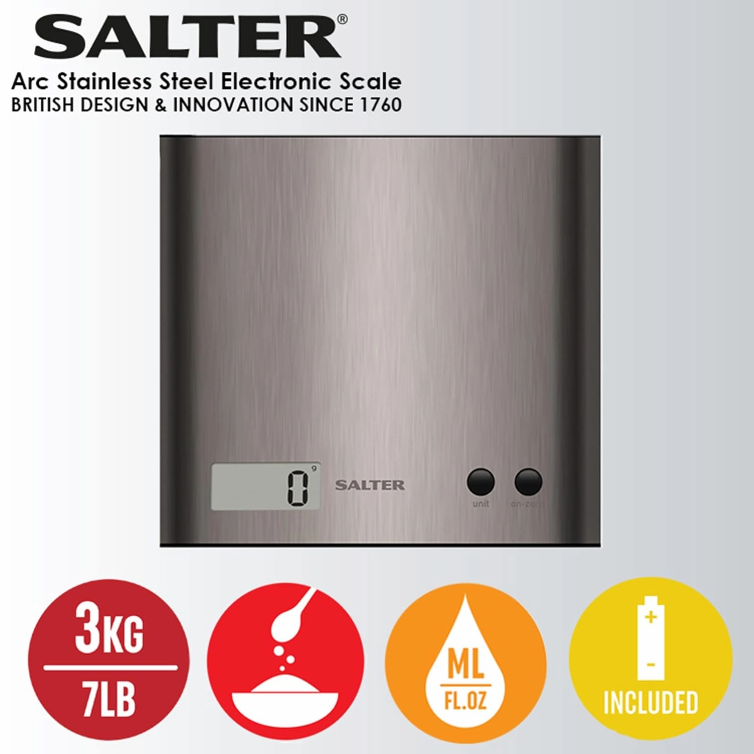 Salter 1087 SSDR Arc Digital Kitchen Scale  3kg Capacity, Slim Stainless Steel Design, Add & Weigh (Tare) Function  Battery Included