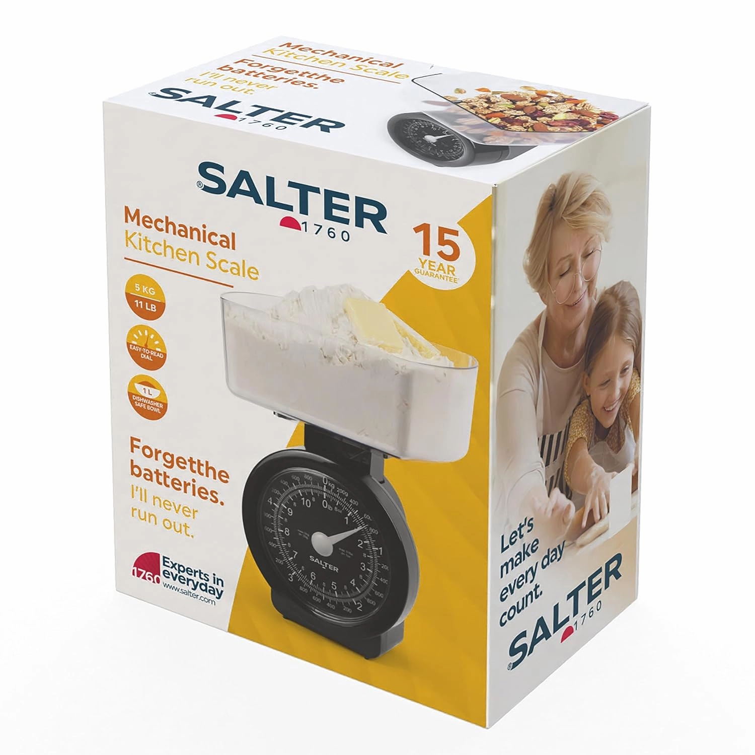 Salter 114 BKCLDR Mechanical Kitchen Scale  5kg Capacity, Easy-Read Dial, 1L Dishwasher-Safe Bowl, Compact Storage, No Batteries Required