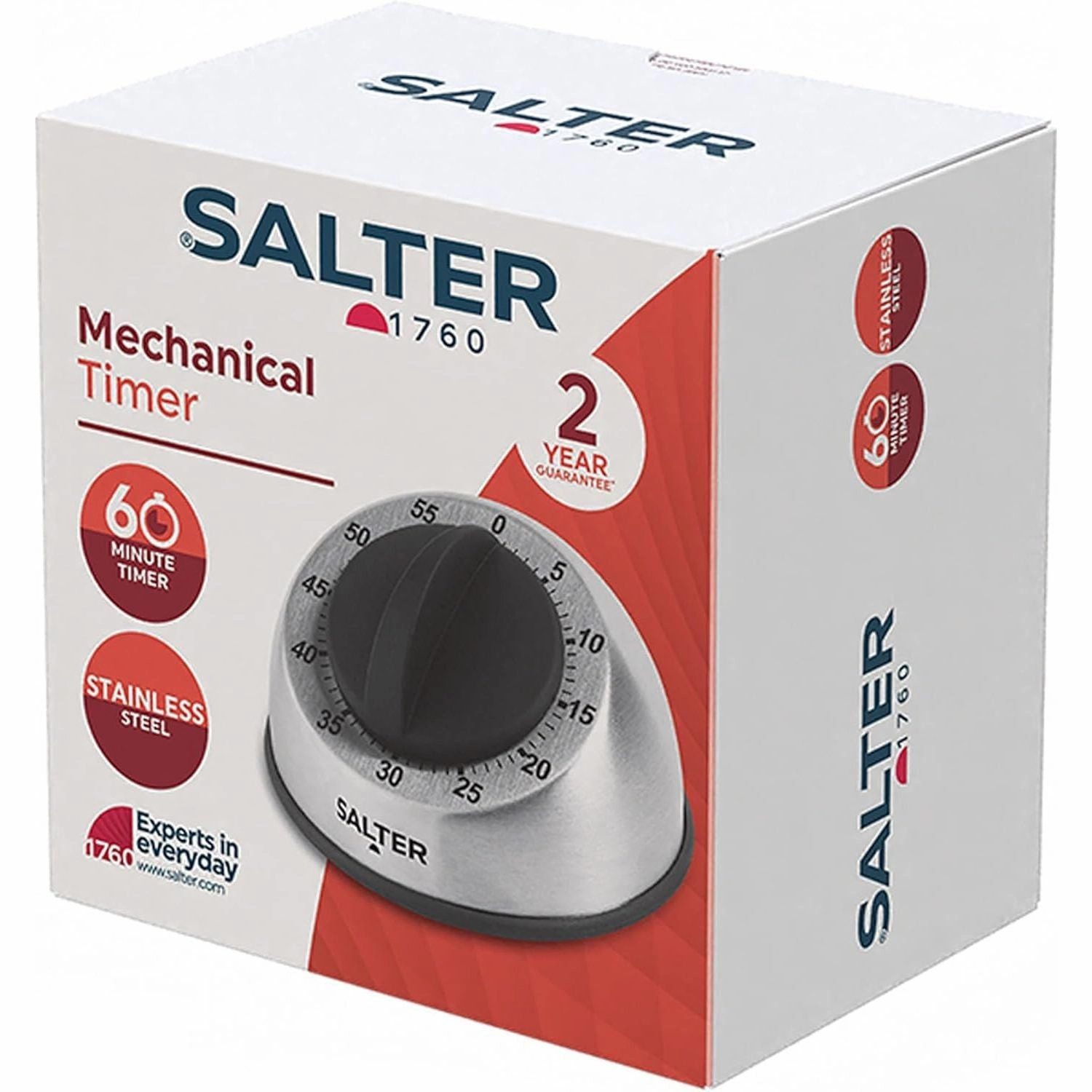 Salter 338 SSBKXR15 Mechanical Kitchen Timer - 60-Minute Countdown, Clockwork Mechanism, Soft Touch Dial, Brushed Stainless Steel, Ideal for Cooking, Baking, Fitness, and Studying