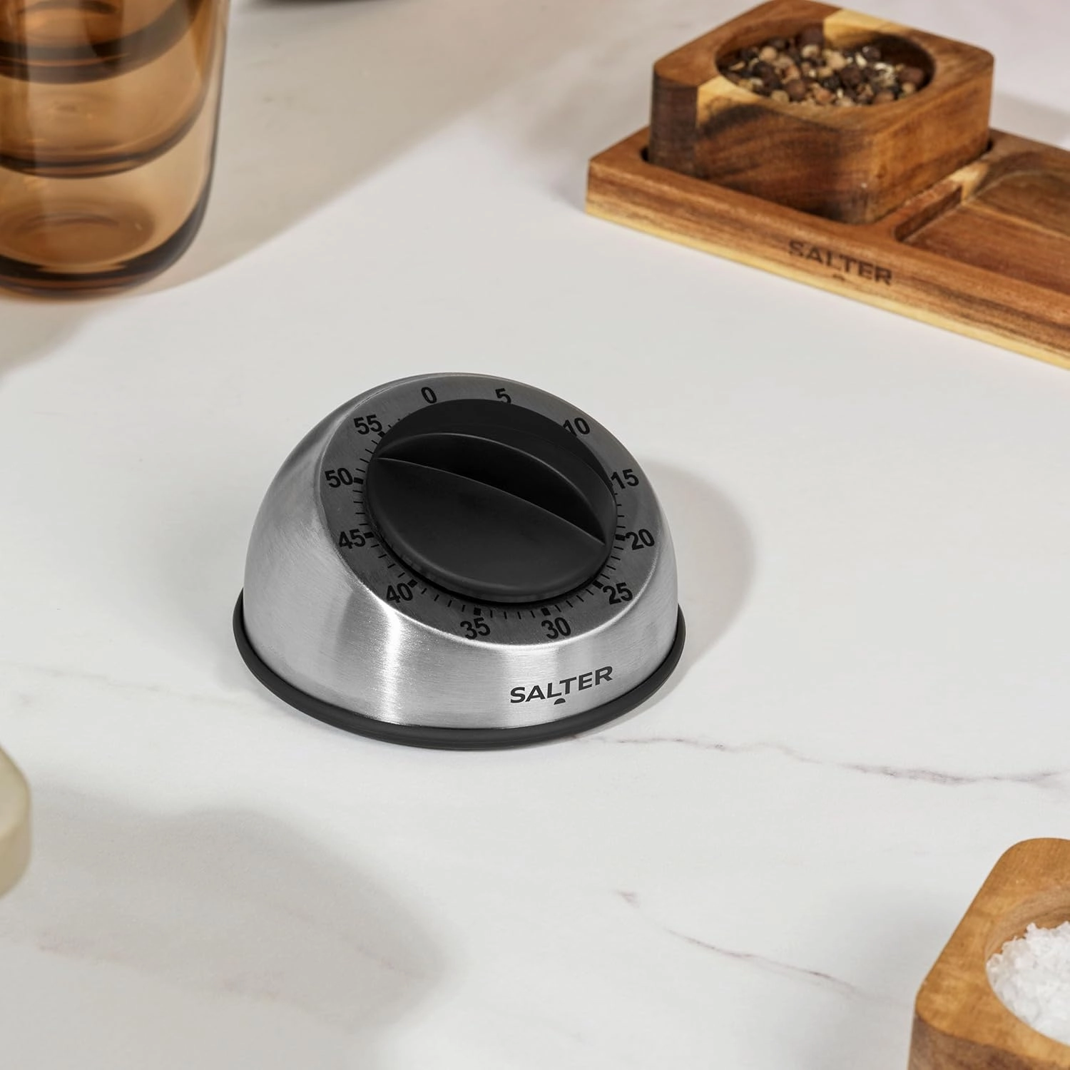 Salter 338 SSBKXR15 Mechanical Kitchen Timer - 60-Minute Countdown, Clockwork Mechanism, Soft Touch Dial, Brushed Stainless Steel, Ideal for Cooking, Baking, Fitness, and Studying