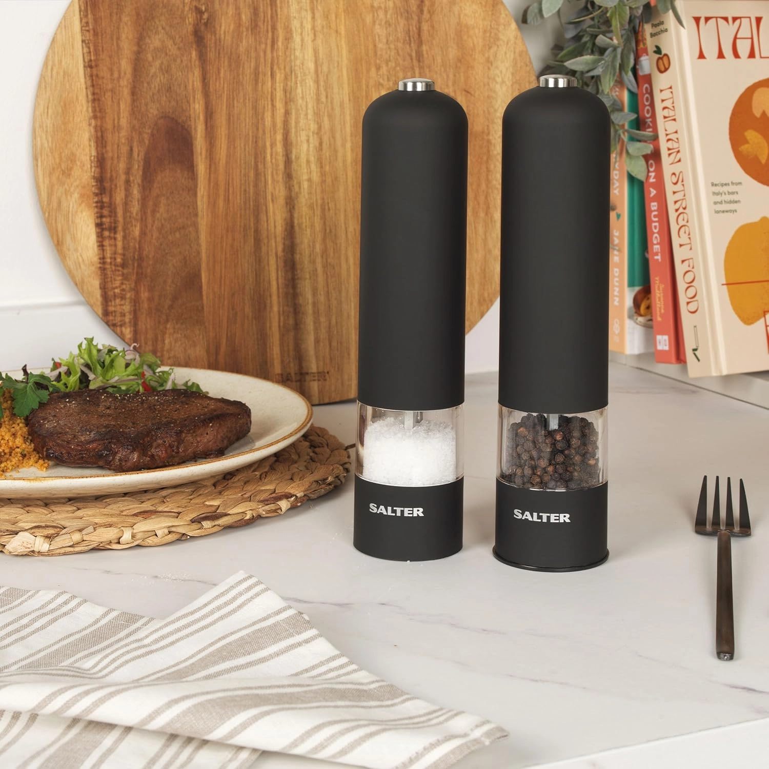 Salter 7524 BKXR Electric Salt & Pepper Grinder Set  Battery Powered, One-Touch Operation, Ceramic Mechanism, Soft Touch Finish, BPA-Free