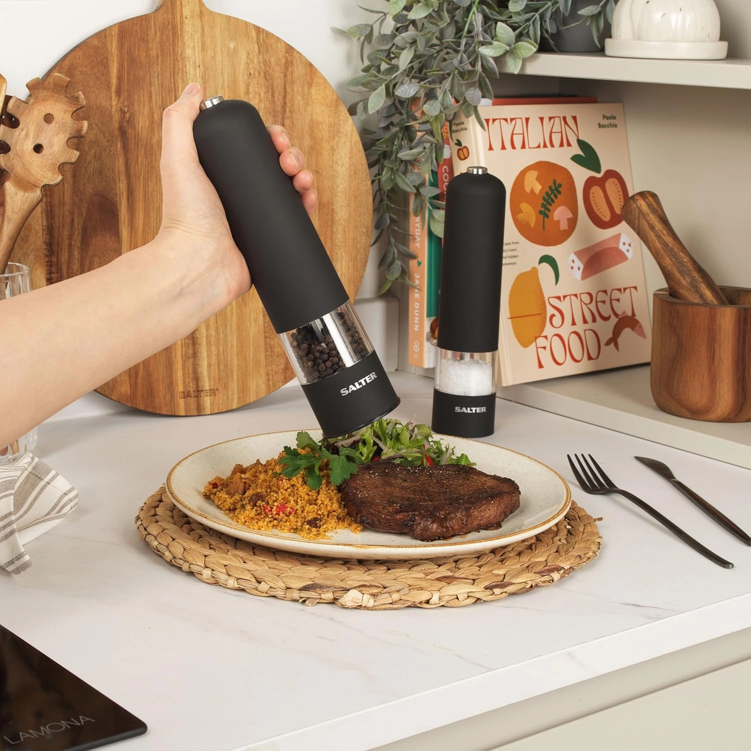 Salter 7524 BKXR Electric Salt & Pepper Grinder Set  Battery Powered, One-Touch Operation, Ceramic Mechanism, Soft Touch Finish, BPA-Free