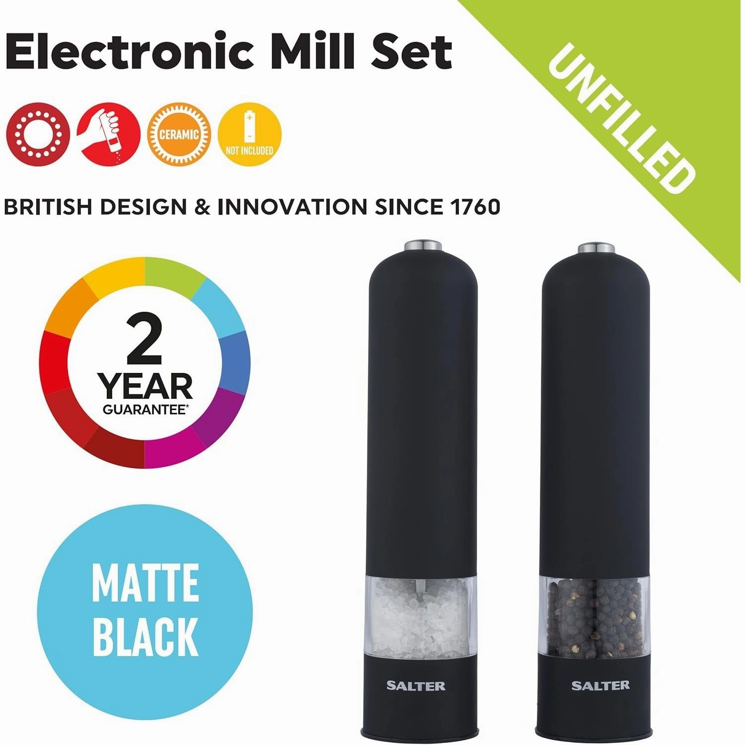 Salter 7524 BKXR Electric Salt & Pepper Grinder Set  Battery Powered, One-Touch Operation, Ceramic Mechanism, Soft Touch Finish, BPA-Free