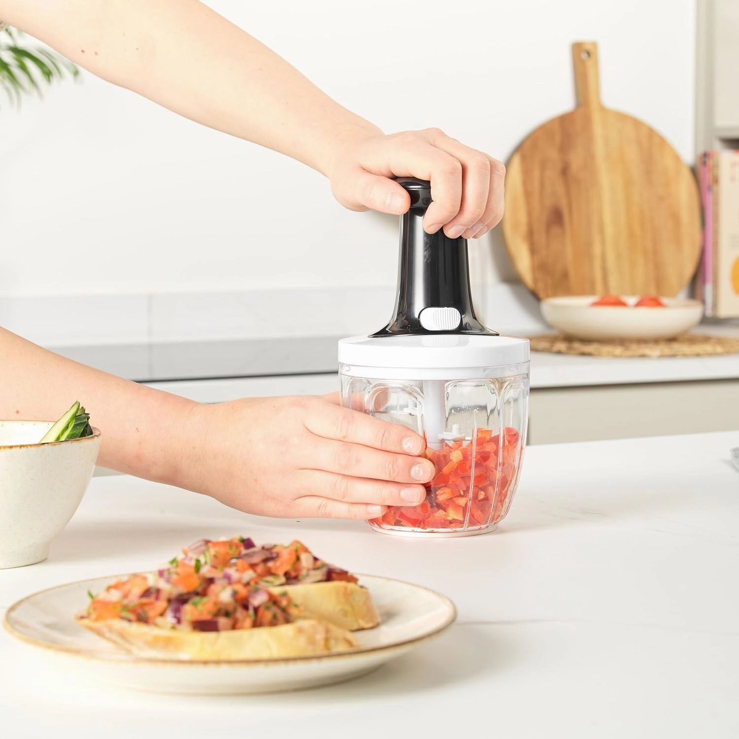 Salter BW12923EU7 Press Chopper  Manual Hand Dicer for Onion, Pepper, Garlic, Ginger, Herbs, Chillies, Stainless Steel Blade, Non-Slip, Easy to Clean, Compact Storage