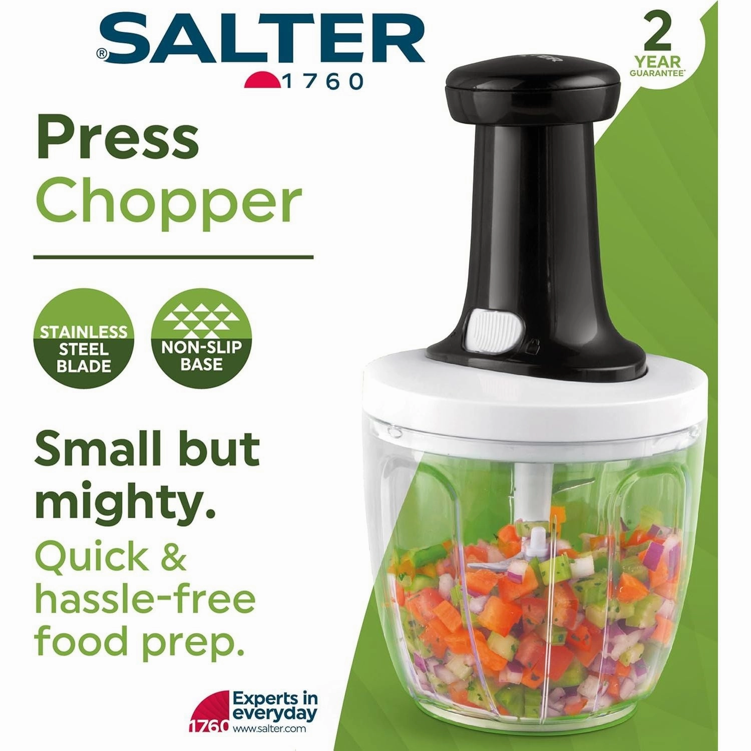 Salter BW12923EU7 Press Chopper  Manual Hand Dicer for Onion, Pepper, Garlic, Ginger, Herbs, Chillies, Stainless Steel Blade, Non-Slip, Easy to Clean, Compact Storage