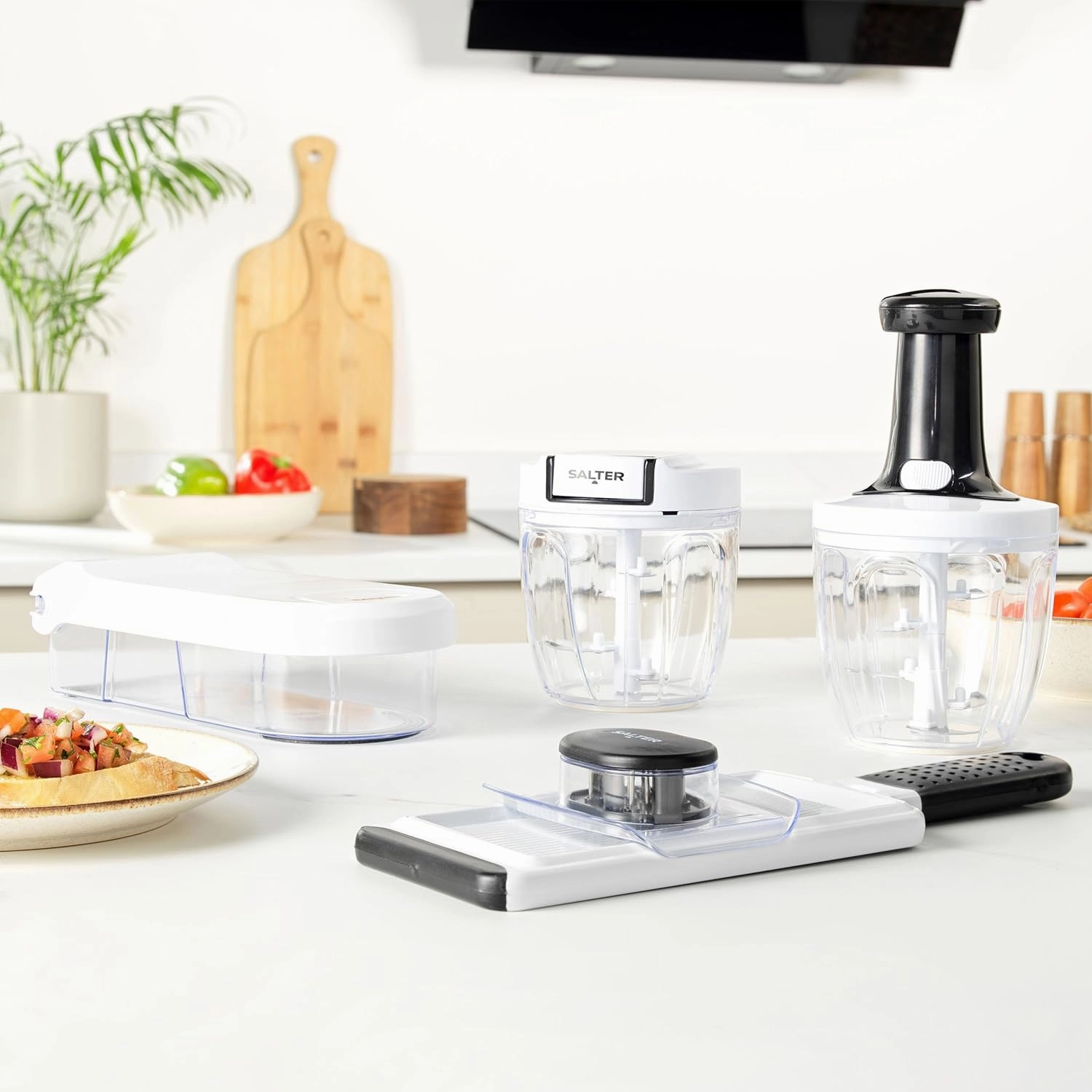 Salter BW12923EU7 Press Chopper  Manual Hand Dicer for Onion, Pepper, Garlic, Ginger, Herbs, Chillies, Stainless Steel Blade, Non-Slip, Easy to Clean, Compact Storage