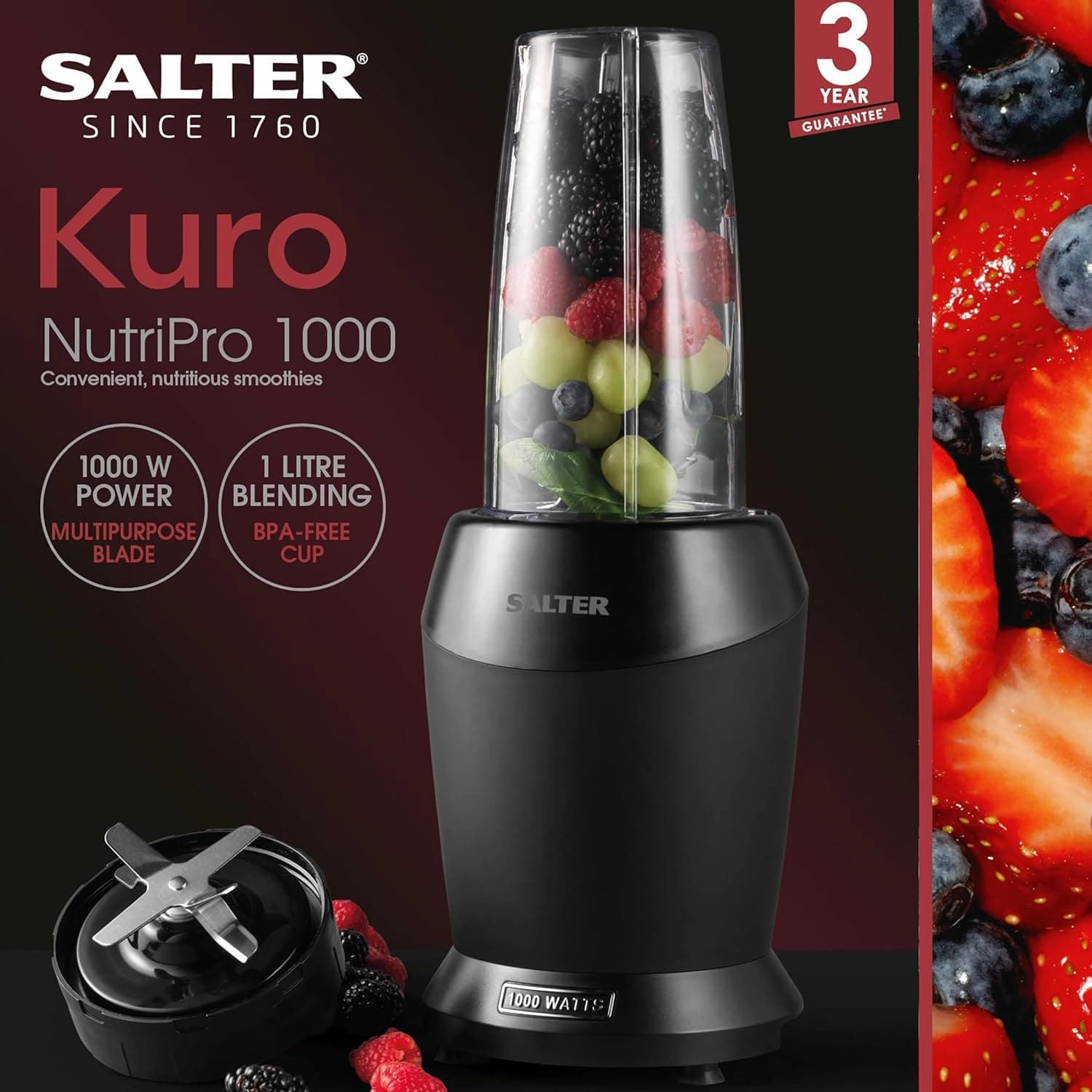 Salter EK2002V5MBLK Kuro NutriPro 1000 Multipurpose Blender -1L BPA Free Blending Jug & Storage Lid, Stainless Steel Blade, One Touch Operation, For Protein Shakes/Smoothies/Cocktails, Black