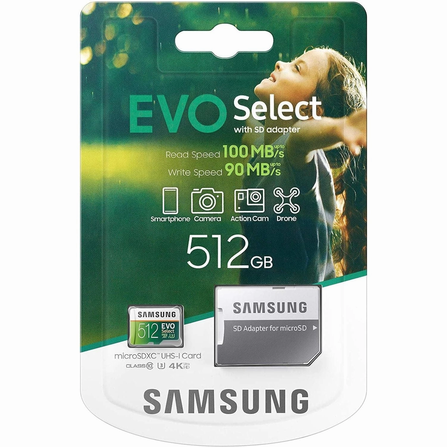 Samsung EVO Select 512GB microSD - 100MB/s Read, 90MB/s Write, Full HD & 4K UHD, with SD Adapter - For Smartphone, Tablet, Action Camera, Drone, and Notebook