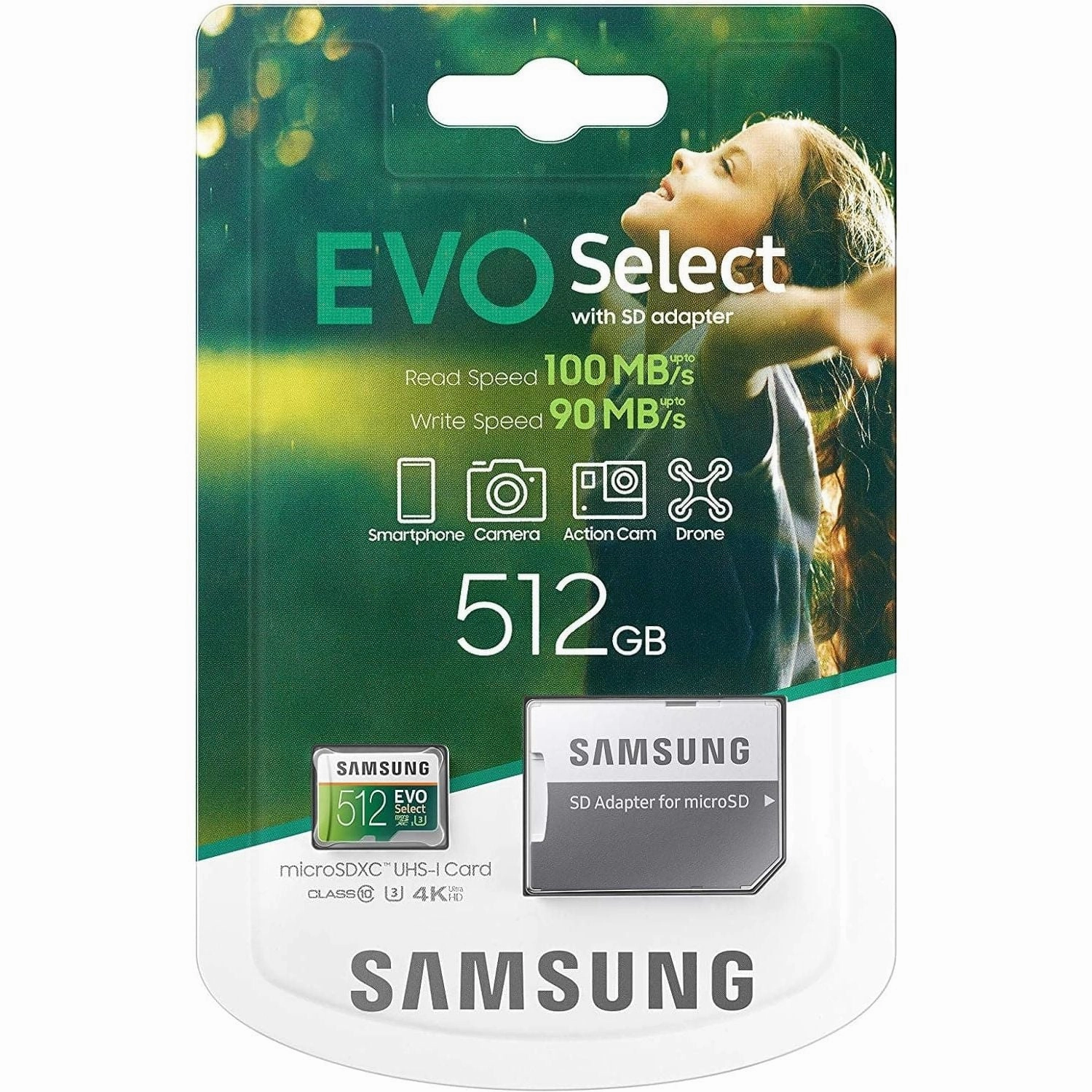Samsung EVO Select 512GB microSD - 100MB/s Read, 90MB/s Write, Full HD & 4K UHD, with SD Adapter - For Smartphone, Tablet, Action Camera, Drone, and Notebook
