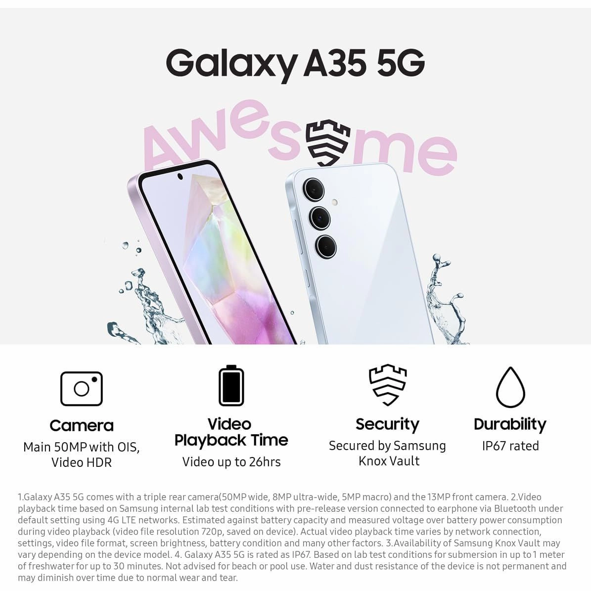 Samsung Galaxy A35 5G 128GB, 8GB RAM, Dual SIM, Awesome Lilac, Unlocked Smartphone