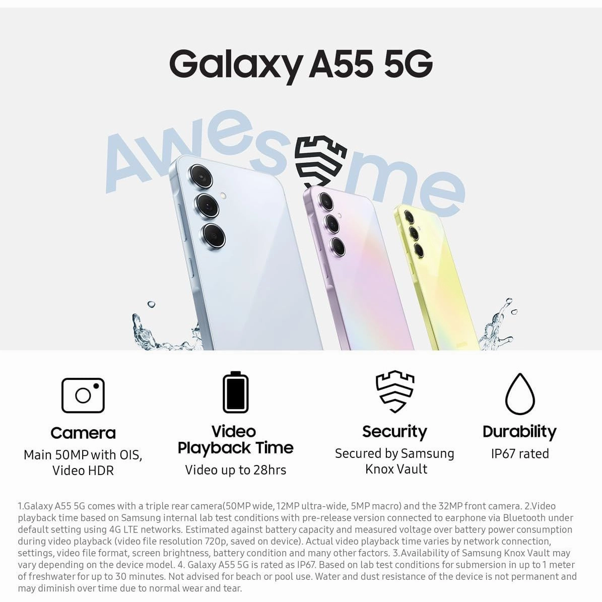 Samsung Galaxy A55 5G, Factory Unlocked Android Smartphone, 256GB, 8GB RAM, 2 day battery life, 50MP Camera, Awesome Lilac, 3 Year Manufacturer Extended Warranty (UK Version)