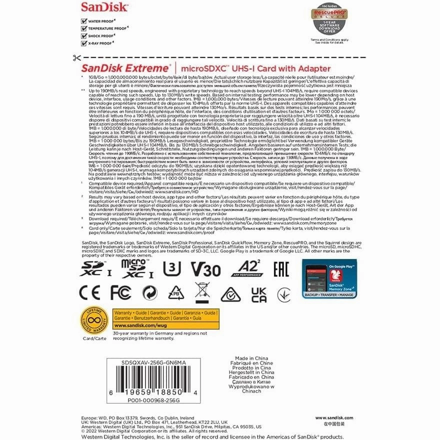 SanDisk 256GB Extreme microSDXC card   SD adapter   RescuePRO Deluxe, up to 190MB/s, with A2 App Performance, UHS-I, Class 10, U3, V30, Black