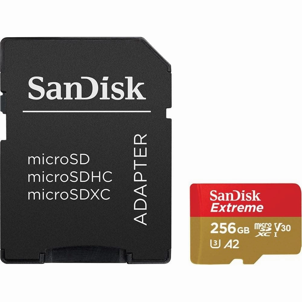 SanDisk 256GB Extreme microSDXC card   SD adapter   RescuePRO Deluxe, up to 190MB/s, with A2 App Performance, UHS-I, Class 10, U3, V30, Black