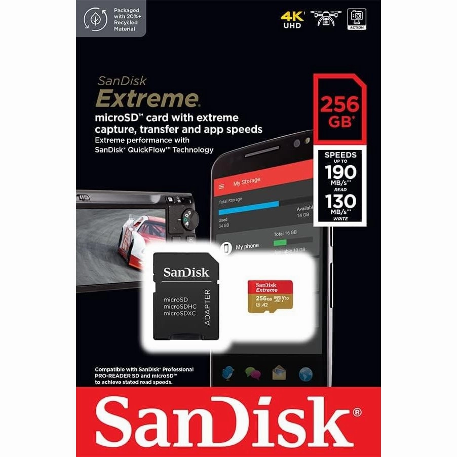 SanDisk 256GB Extreme microSDXC card   SD adapter   RescuePRO Deluxe, up to 190MB/s, with A2 App Performance, UHS-I, Class 10, U3, V30, Black