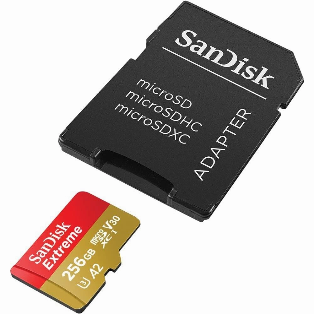 SanDisk 256GB Extreme microSDXC card   SD adapter   RescuePRO Deluxe, up to 190MB/s, with A2 App Performance, UHS-I, Class 10, U3, V30, Black