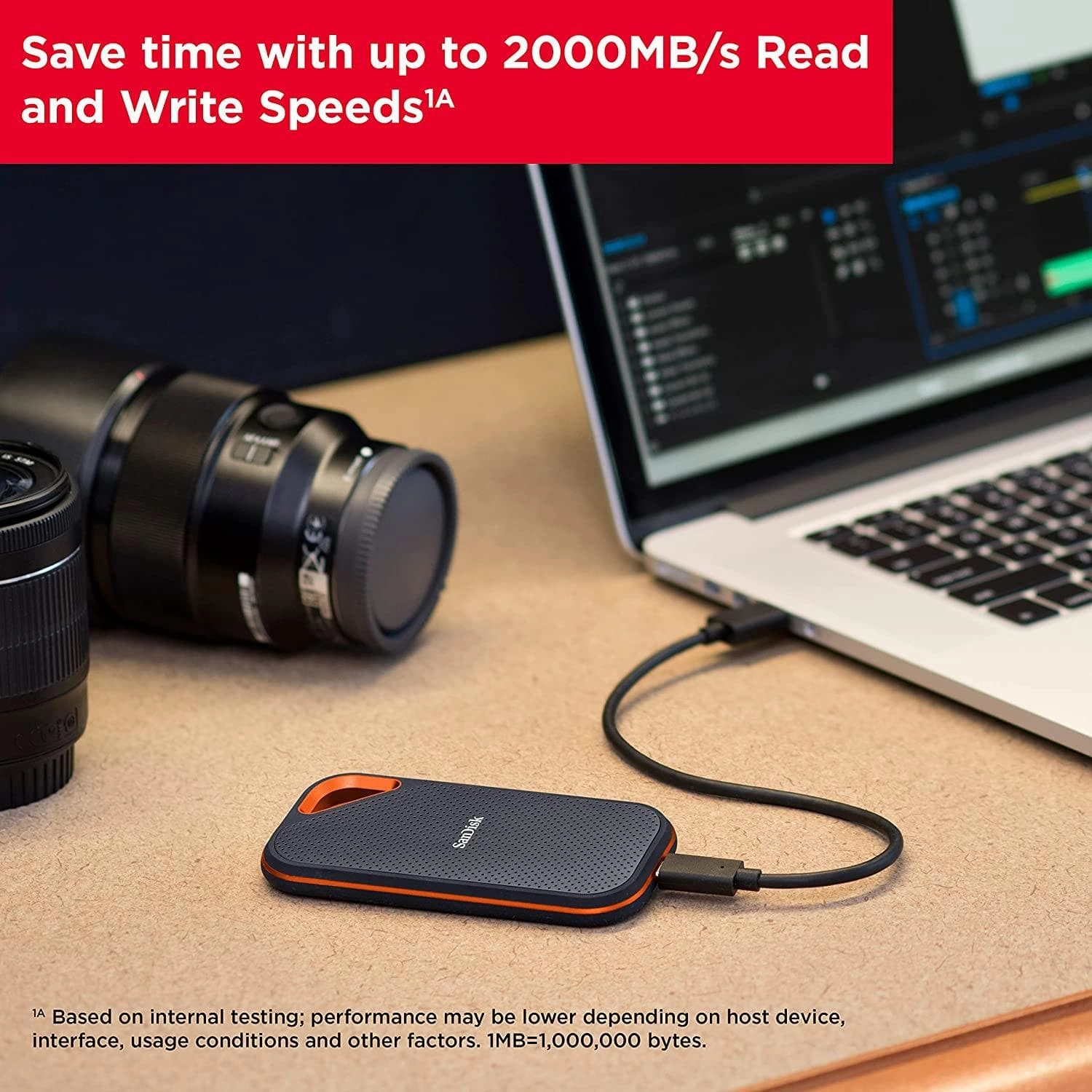 SanDisk Extreme PRO 2TB portable NVMe SSD, USB-C, up to 2000MB/s read & 2000MB/s write speed, ruggedised & water-resistant, carabiner loop
