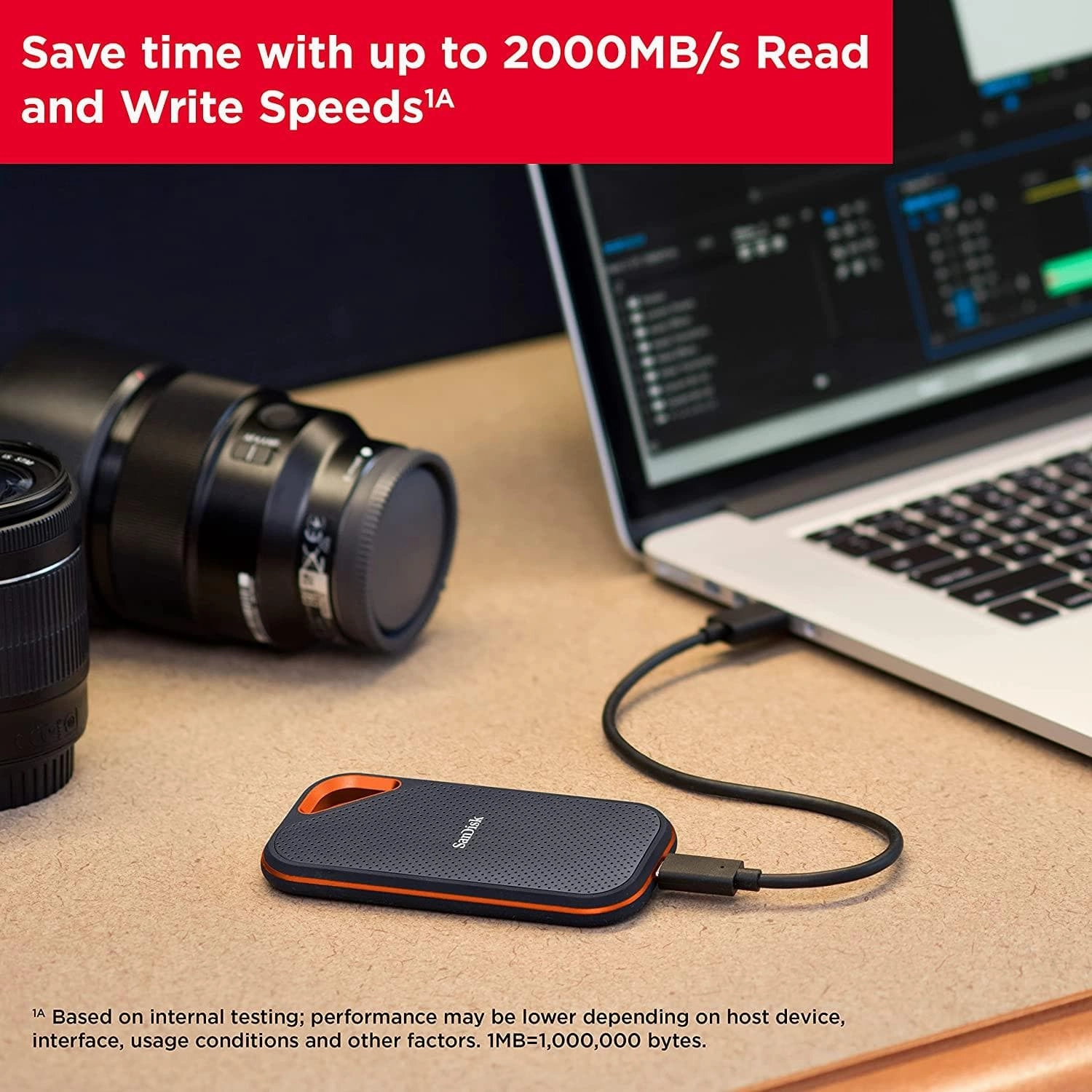 SanDisk Extreme PRO 2TB portable NVMe SSD, USB-C, up to 2000MB/s read & 2000MB/s write speed, ruggedised & water-resistant, carabiner loop