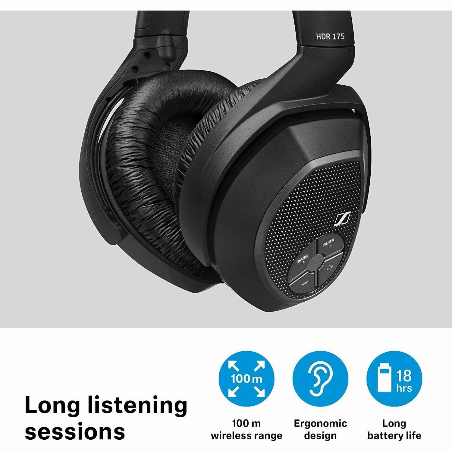 Sennheiser RS 175 Digital Wireless Over-Ear Headphones, Bass Boost & Surround Sound, Black