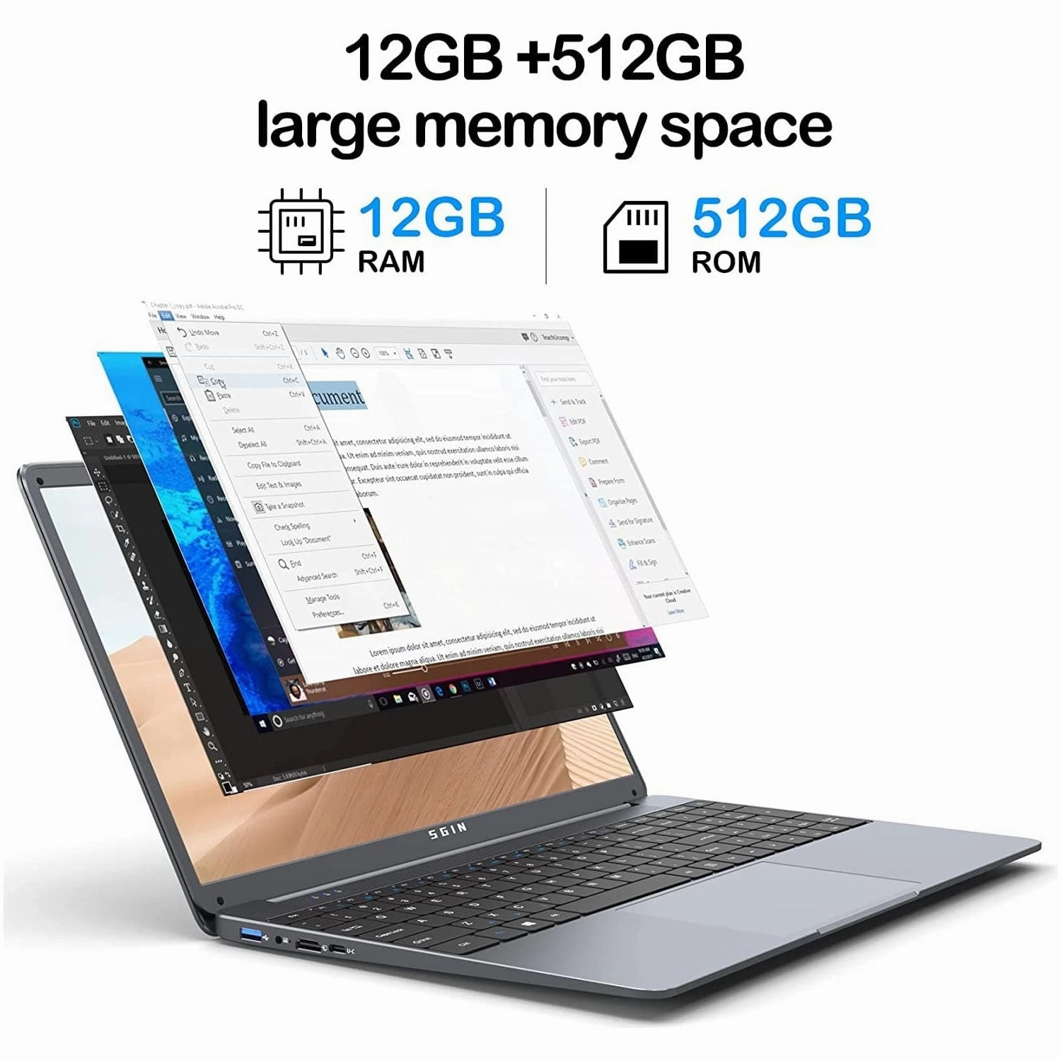 SGIN Laptop 15.6-inch 12GB DDR4 512GB ROM SSD, Windows 11, Up to 2.8Ghz, Intel Celeron N4500, Full HD 1920x1080 IPS Display with Laptop Computer