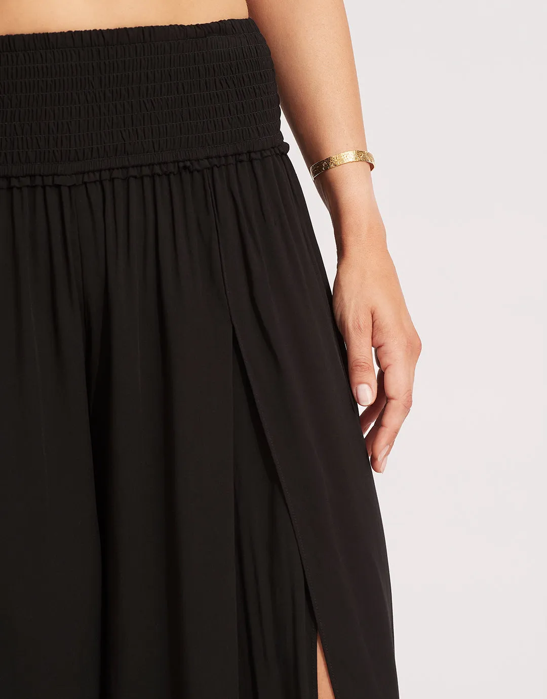 Shirred Waist Wrap Beach Trousers - Black