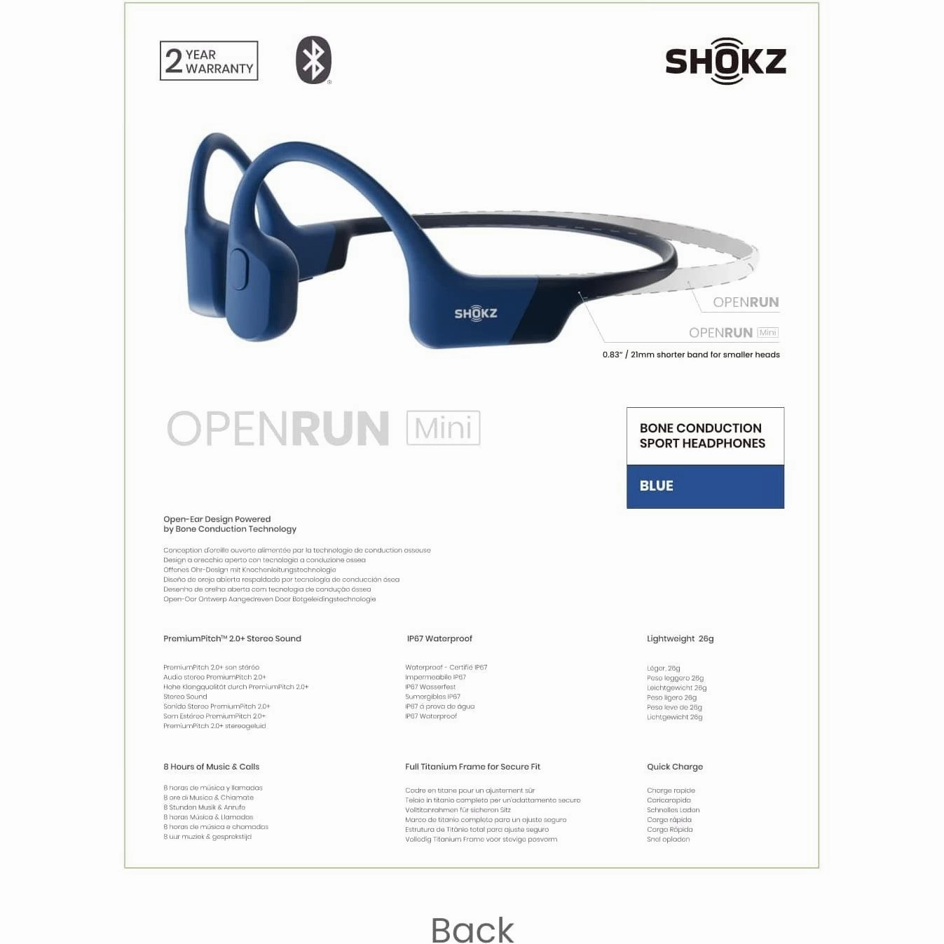 Shokz Openrun Mini Bone Conduction Sports Headphones, Bluetooth Wireless Earphones with Mic, 8H Playtime, Open-Ear Waterproof for Running Workout - Blue