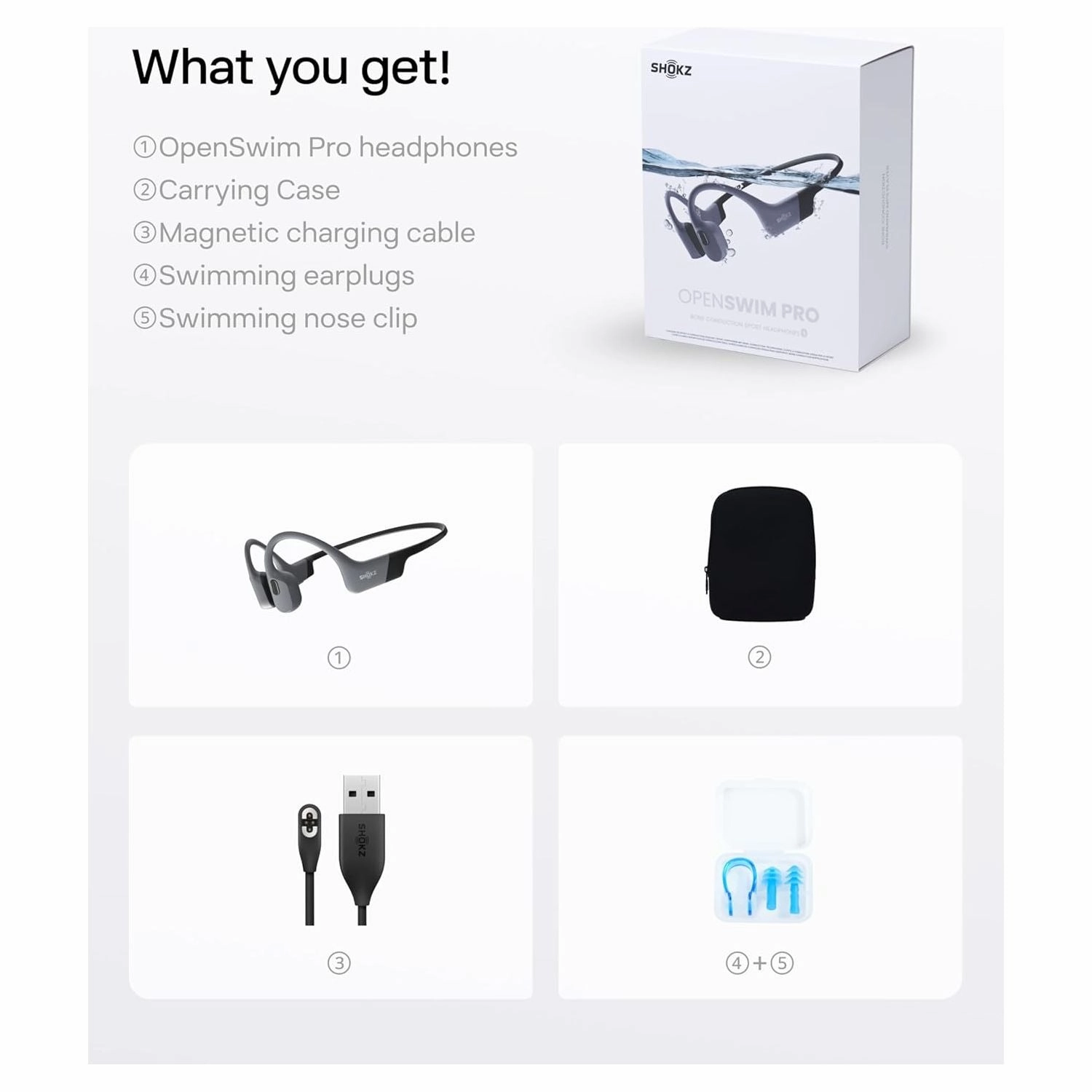SHOKZ OpenSwim Pro Bone Conduction Sports Headphones - IP68 Waterproof, Open-Ear, 32GB MP3 Storage, Bluetooth 5.4, 9h Playtime, Grey