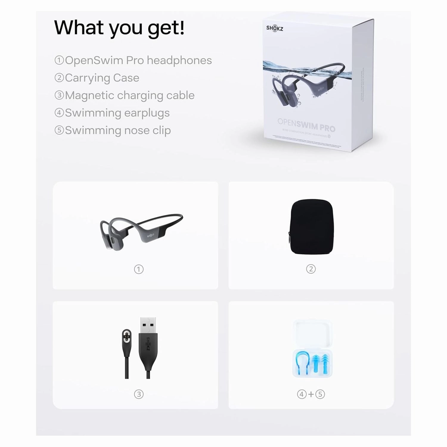 SHOKZ OpenSwim Pro Bone Conduction Sports Headphones - IP68 Waterproof, Open-Ear, 32GB MP3 Storage, Bluetooth 5.4, 9h Playtime, Grey