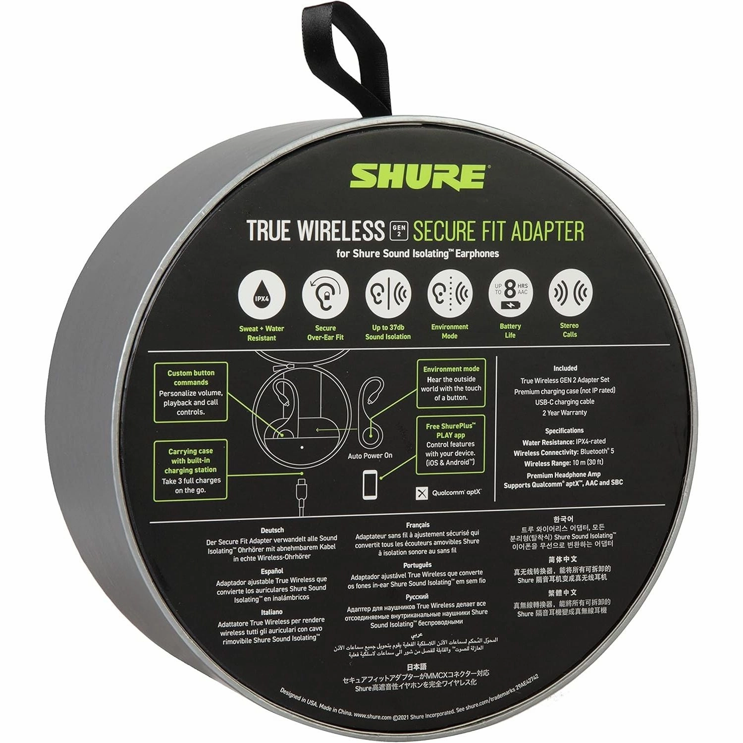 Shure True Wireless Adapter (Gen 2) for Sound Isolating Earphones, Secure Over-Ear Fit, Bluetooth 5 Wireless Technology, Long Battery Life With Charging Case, & Fingertip Controls (RMCE-TW2-EFS)