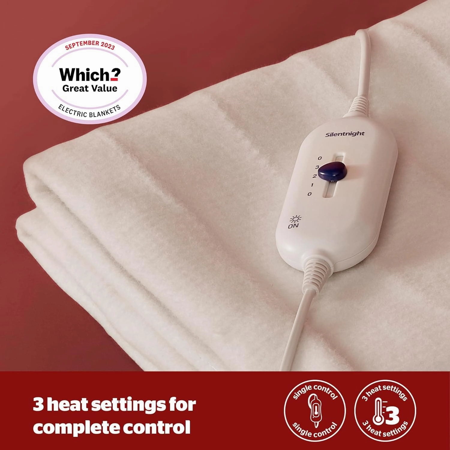 Silentnight Comfort Control Electric Blanket - Heated Underblanket with 3 Heat Settings, Fast Heat Up, Overheat Protection and Easy Fit Straps - Machine Washable