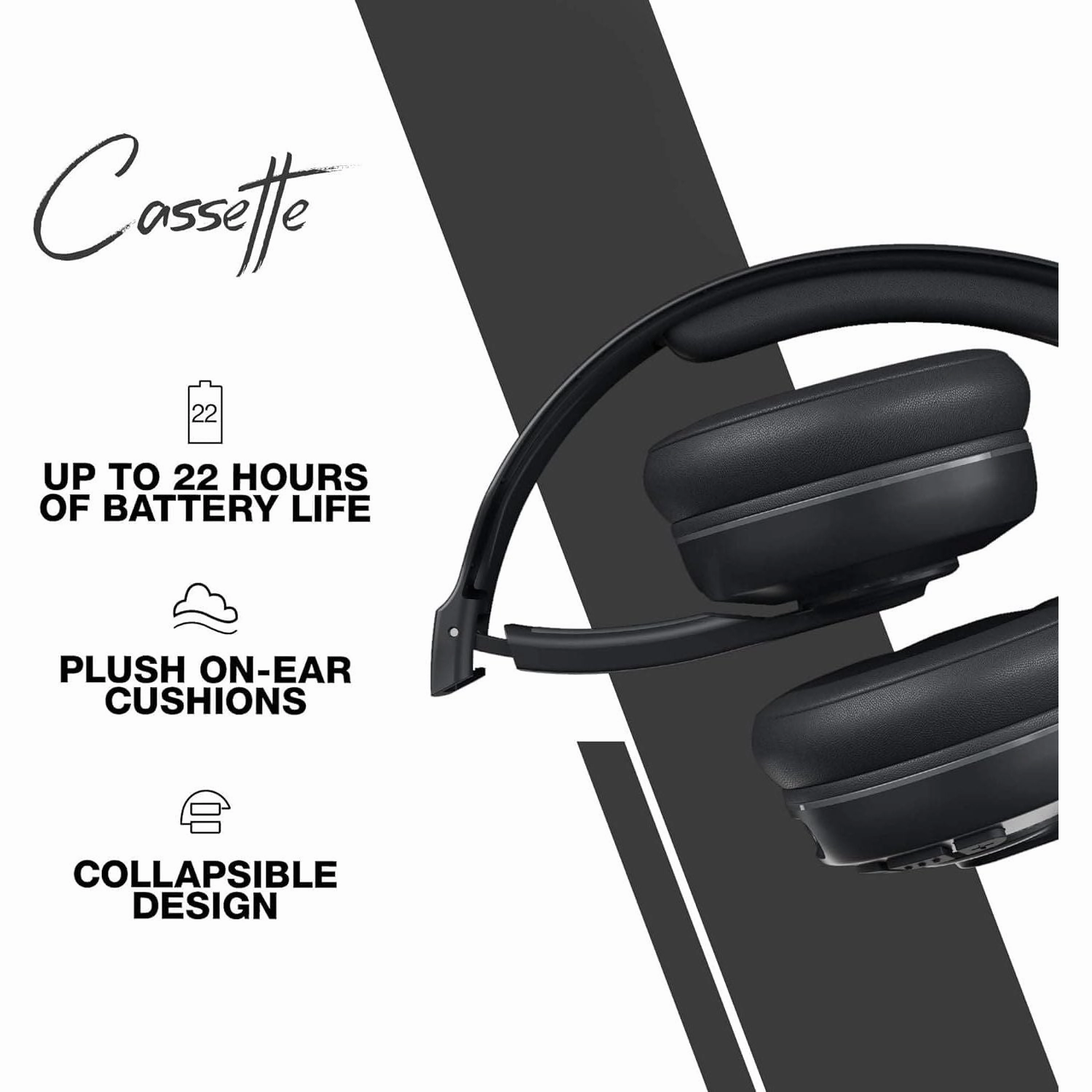 Skullcandy Cassette On-Ear Wireless Headphones, 22 Hr Battery, Microphone, Works with iPhone Android and Bluetooth Devices - Black
