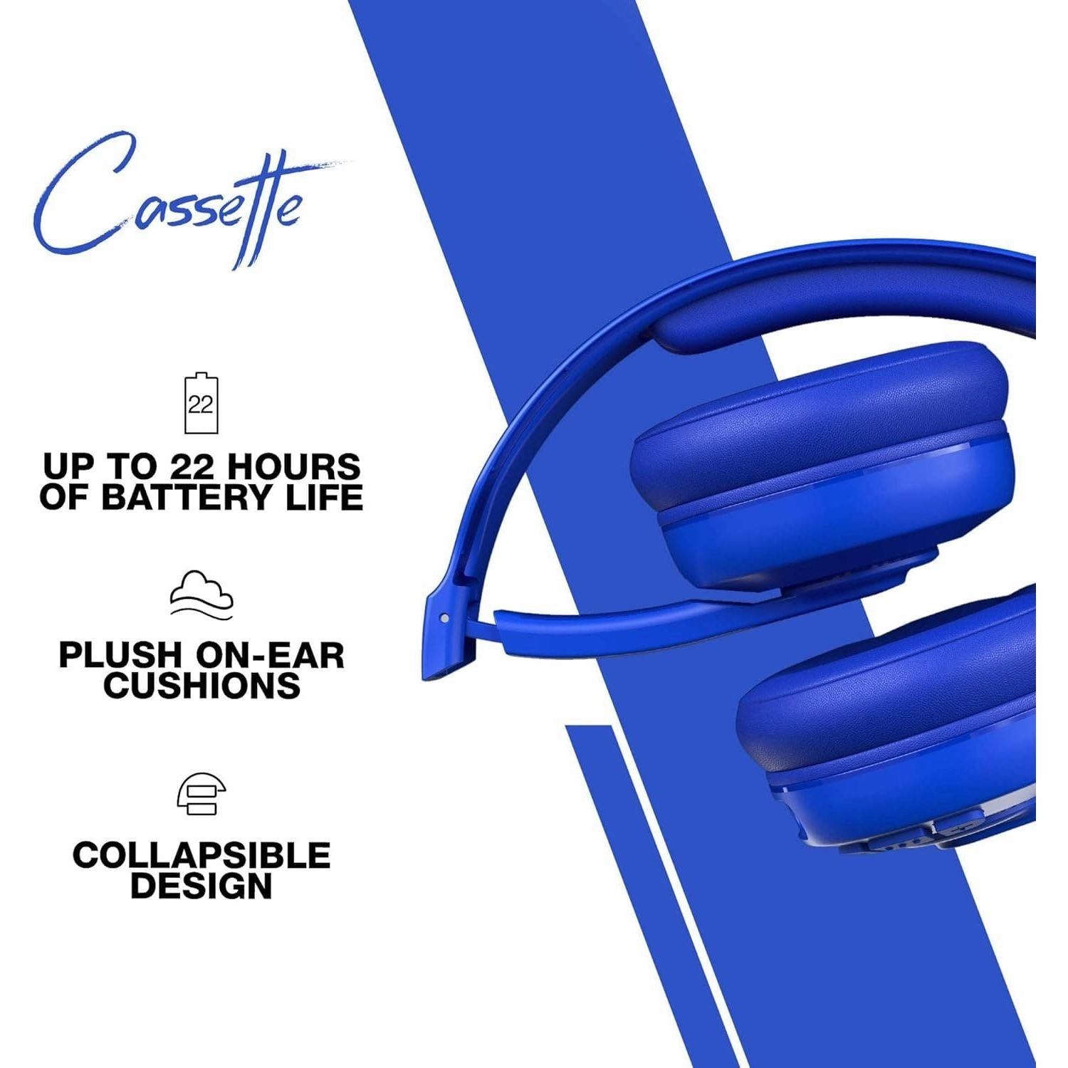 Skullcandy Cassette On-Ear Wireless Headphones, 22 Hr Battery, Microphone, Works with iPhone Android and Bluetooth Devices - Blue