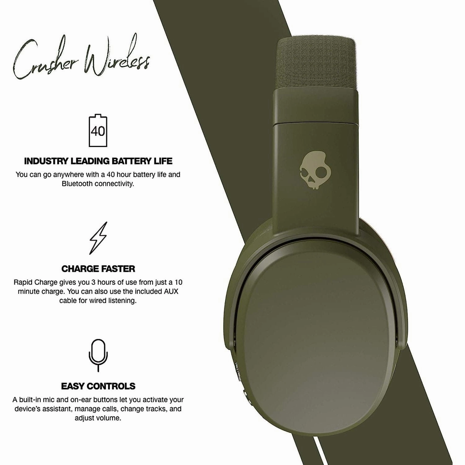Skullcandy Crusher Over-Ear Wireless Headphones with Sensory Bass, 40 Hr Battery, Microphone, Works with iPhone Android and Bluetooth Devices - Moss/Olive