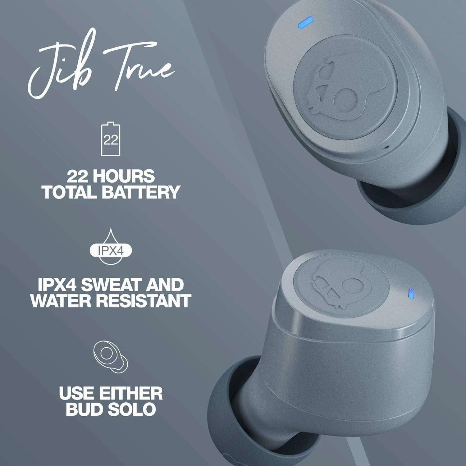 Skullcandy Jib True Wireless In-Ear Headphones, Bluetooth 5.0, IPX4 Water Resistant, 22 Hours Battery Life - Chill Grey.