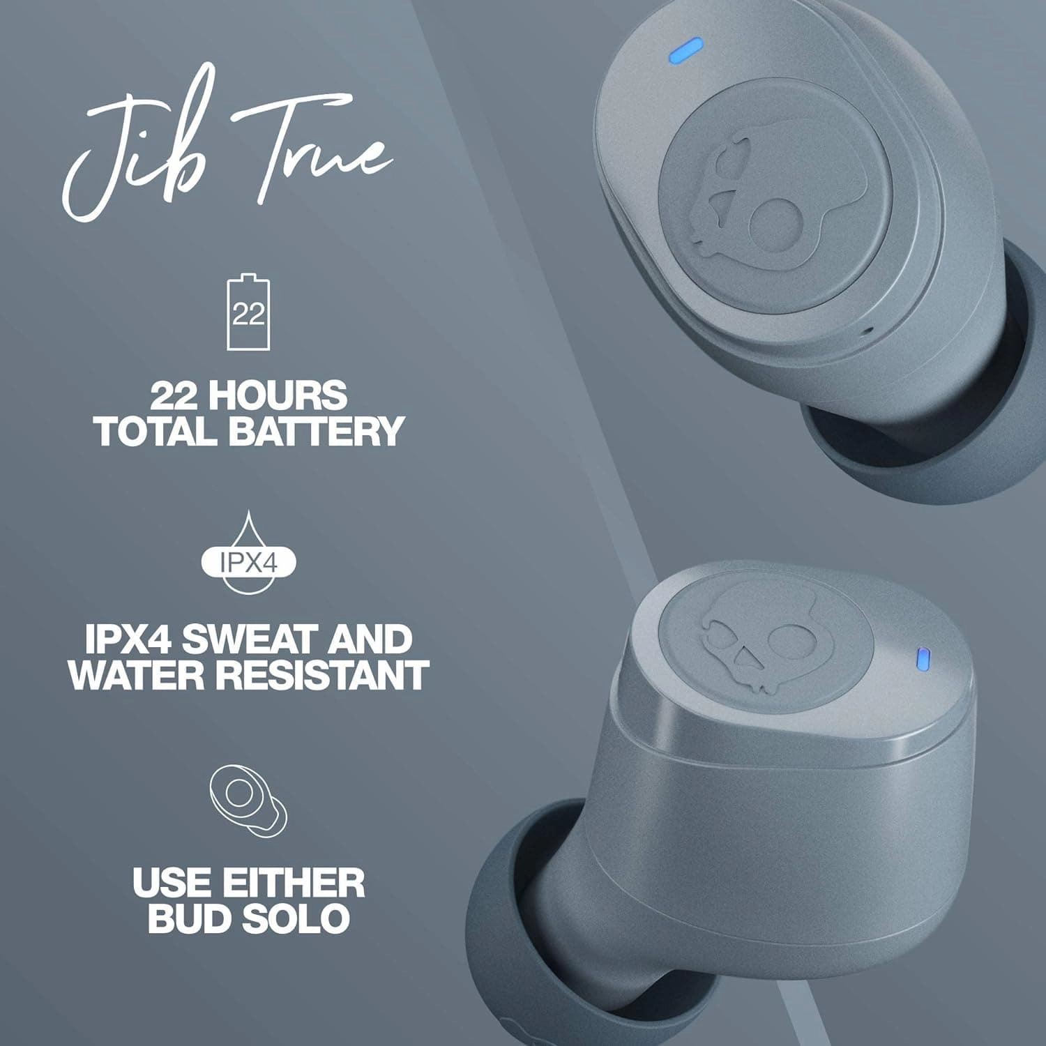 Skullcandy Jib True Wireless In-Ear Headphones, Bluetooth 5.0, IPX4 Water Resistant, 22 Hours Battery Life - Chill Grey.