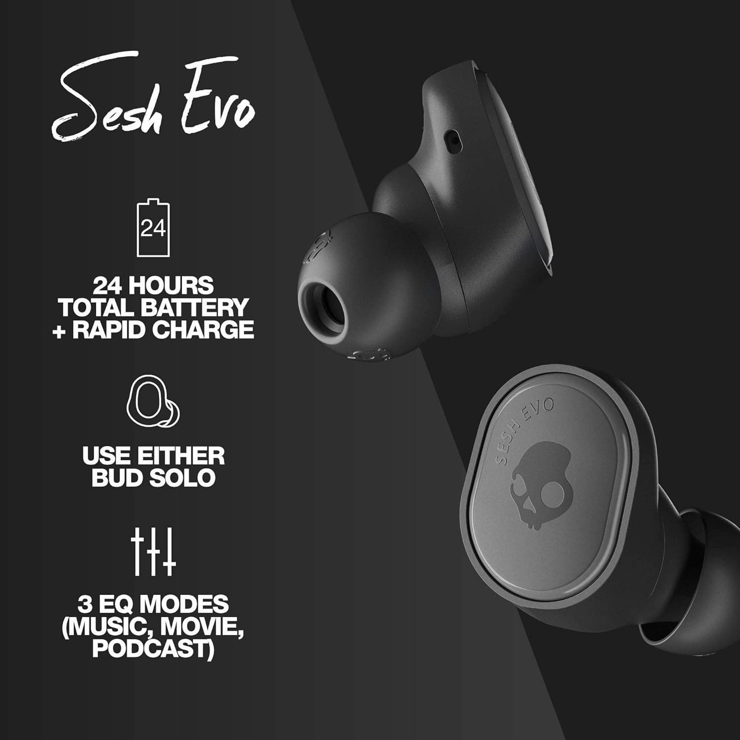 Skullcandy Sesh Evo True Wireless In-Ear Bluetooth Earbuds Compatible with iPhone and Android/Charging Case and Microphone/Great for Gym, Sports, and Gaming IP55 Water Dust Resistant - Black
