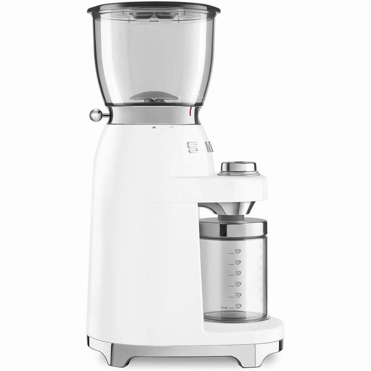 Smeg CGF01WHUK Coffee Grinder, Aluminium Construction, 50's Retro Style, 8 Programme Settings and 3 Grinding Grades, White