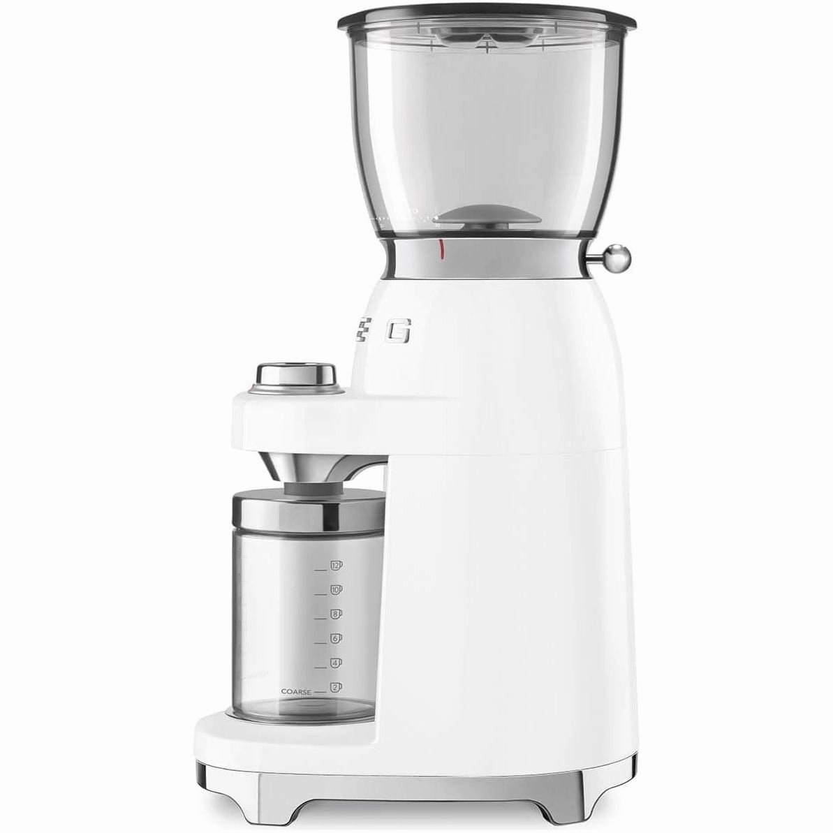 Smeg CGF01WHUK Coffee Grinder, Aluminium Construction, 50's Retro Style, 8 Programme Settings and 3 Grinding Grades, White