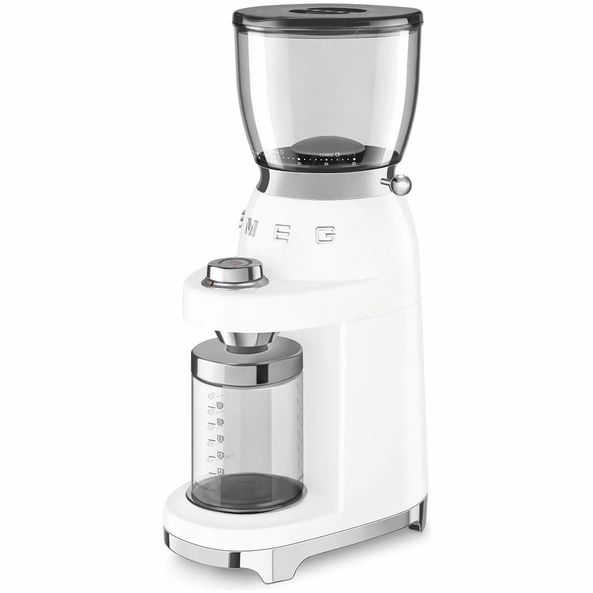 Smeg CGF01WHUK Coffee Grinder, Aluminium Construction, 50's Retro Style, 8 Programme Settings and 3 Grinding Grades, White