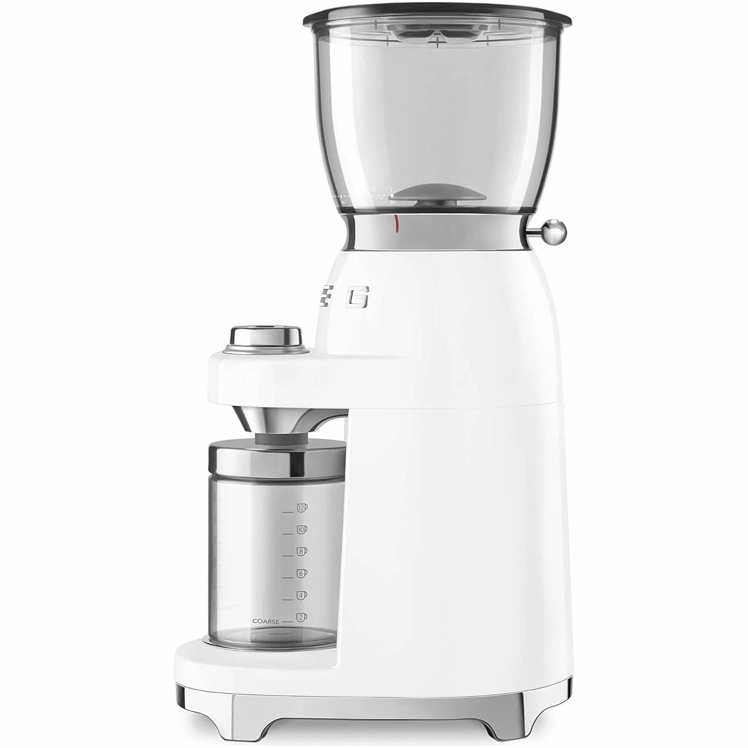 Smeg CGF01WHUK Coffee Grinder, Aluminium Construction, 50's Retro Style, 8 Programme Settings and 3 Grinding Grades, White