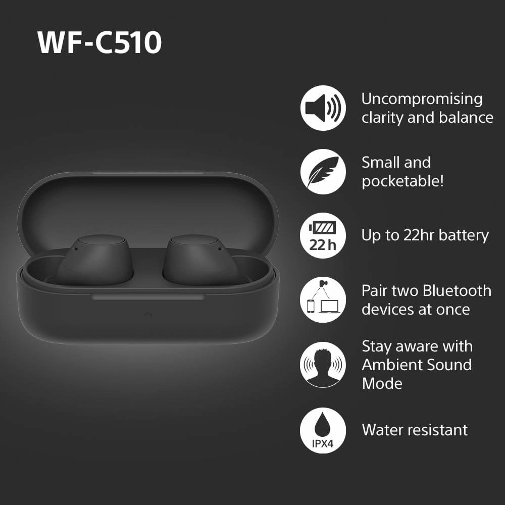 Sony WF-C510 Truly Wireless Earbuds  Lightweight Bluetooth In-Ear Headphones with Multipoint Connection, Ambient Sound, IPX4, Spotify Tap, Quick Charge, 22-Hour Battery, iOS & Android Compatible (Black)