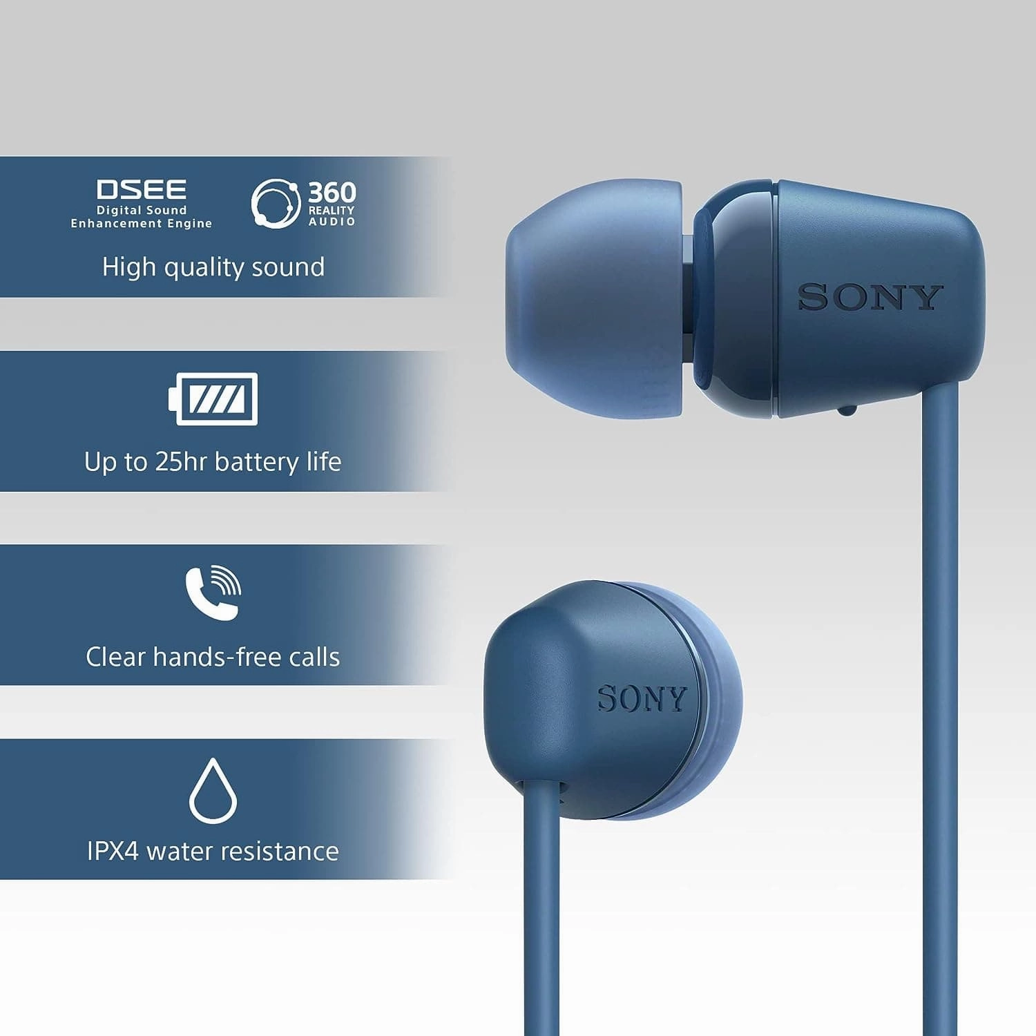Sony WI-C100 Wireless In-ear Headphones - Up to 25 hours of battery life - Water resistant - Blue