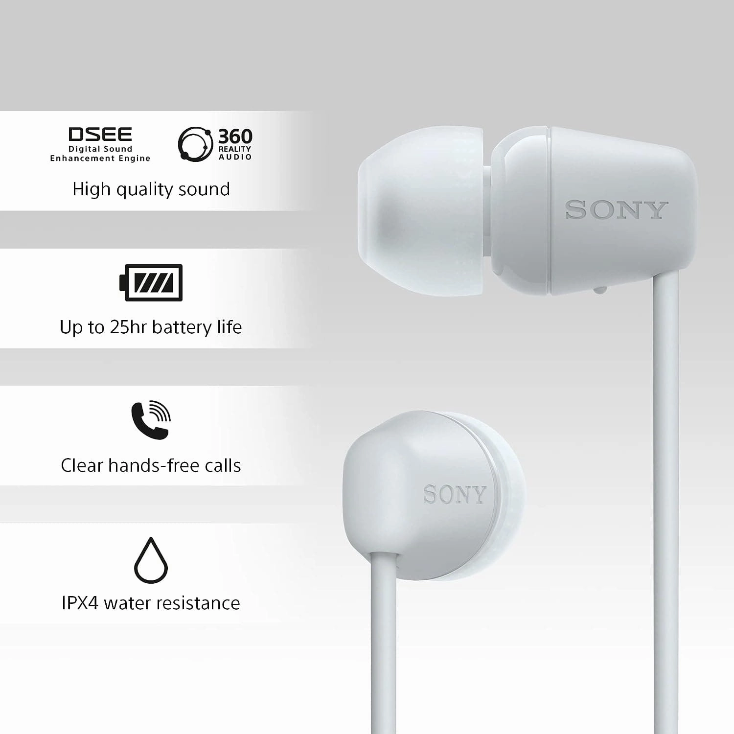 Sony WI-C100 Wireless In-ear Headphones - Up to 25 hours of battery life - Water resistant - White